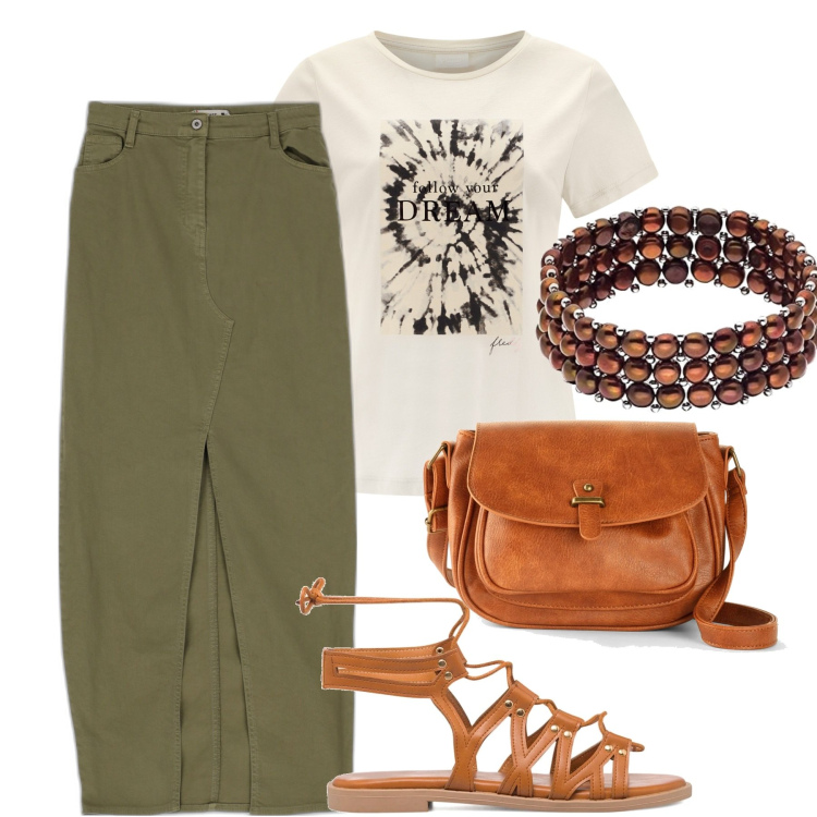 Outfit donna - Streetwear. Stile Urban per Tutti i giorni. Abbinamento con borse a tracolla, gonne lunghe, t-shirt, sandali alla schiava, braccialetti.