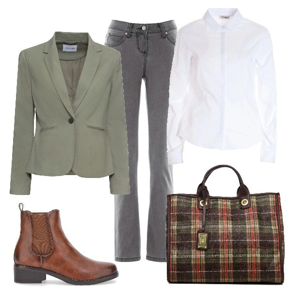 Outfit donna - Total look #1684103. Stile Basic per Ufficio. Abbinamento con blazer, jeans slim fit, camicie, borse a mano, stivaletti.