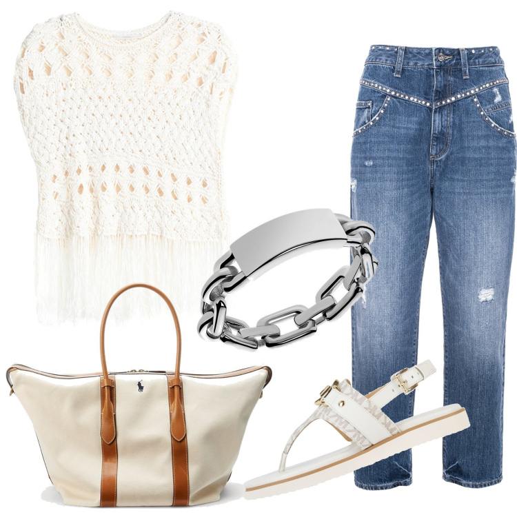 Outfit donna - La tendenza dell\'uncinetto. Stile Casual per Serata fuori. Abbinamento con pullovers, infradito, jeans, anelli, borse tote.