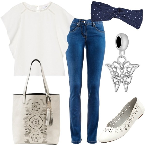 Outfit donna - Fascia per capelli. Stile Basic per Tutti i giorni. Abbinamento con jeans dritti, ballerine bianco, shopping bag con manico e nappine beige, blusa contrasto con scollo bianco, cuffia blu, bead charm.