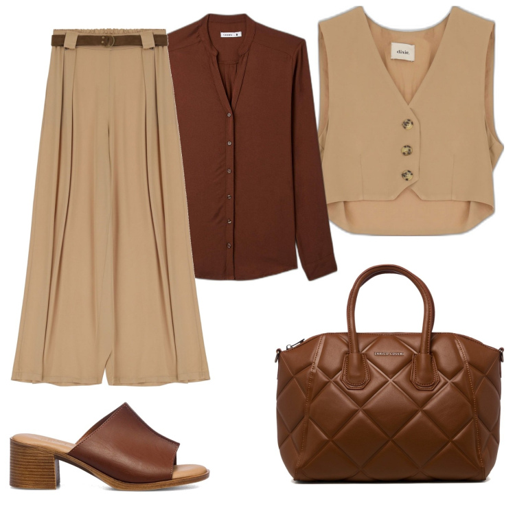 Outfit donna - Eleganza nei colori della terra. Stile Casual chic per Ufficio. Abbinamento con camicie, pantaloni a palazzo, gilet, sandali in pelle, borse a mano.