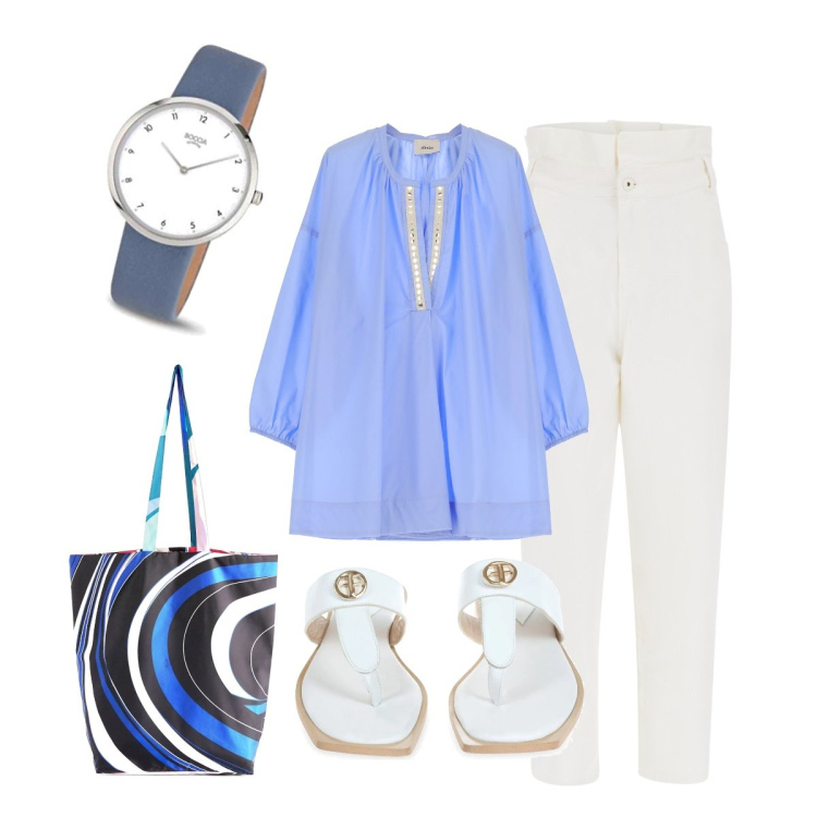 Outfit donna - Comoda ma trendy per l’ufficio. Stile Trendy per Ufficio. Abbinamento con jeans, camicie, infradito, orologi, shopping bag.