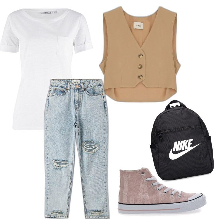 Outfit donna - Primo giorno di scuola. Stile Casual chic per Tutti i giorni. Abbinamento con t-shirt, jeans mom, gilet, zaini, sneakers.
