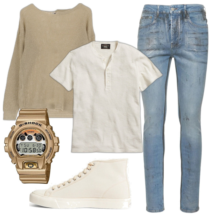 Outfit uomo - Fresche serate estive. Stile Casual per Serata speciale. Abbinamento con pullovers, t-shirt, sneakers, jeans skinny, orologi digitali.