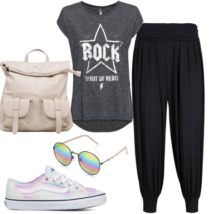 Outfit donna - Look sportivo. Stile Sporty chic per Tutti i giorni. Abbinamento con pantaloni, t-shirt, sneakers, zaini, occhiali da sole.