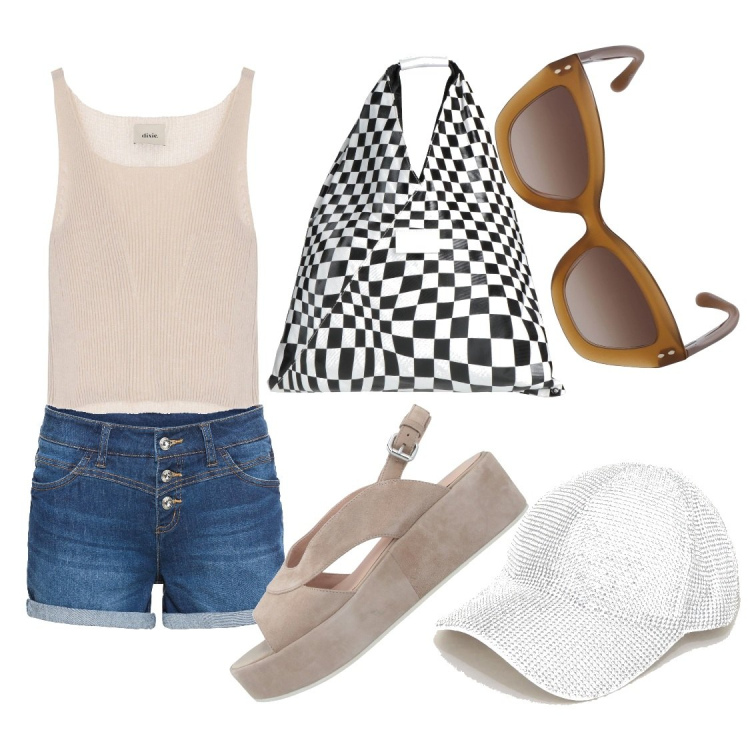 Outfit donna - Tempo Libero in piscina. Stile Casual per Sport. Abbinamento con shorts, sandali in pelle, borse a mano, cappelli con visiera, canottiere, occhiali da sole.