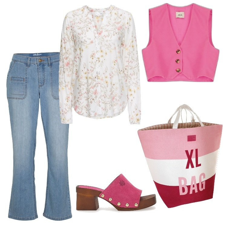 Outfit donna - Total look #1684415-agosto. Stile 70s per Mare. Abbinamento con camicie, jeans, gilet, borse a secchiello, zoccoli.