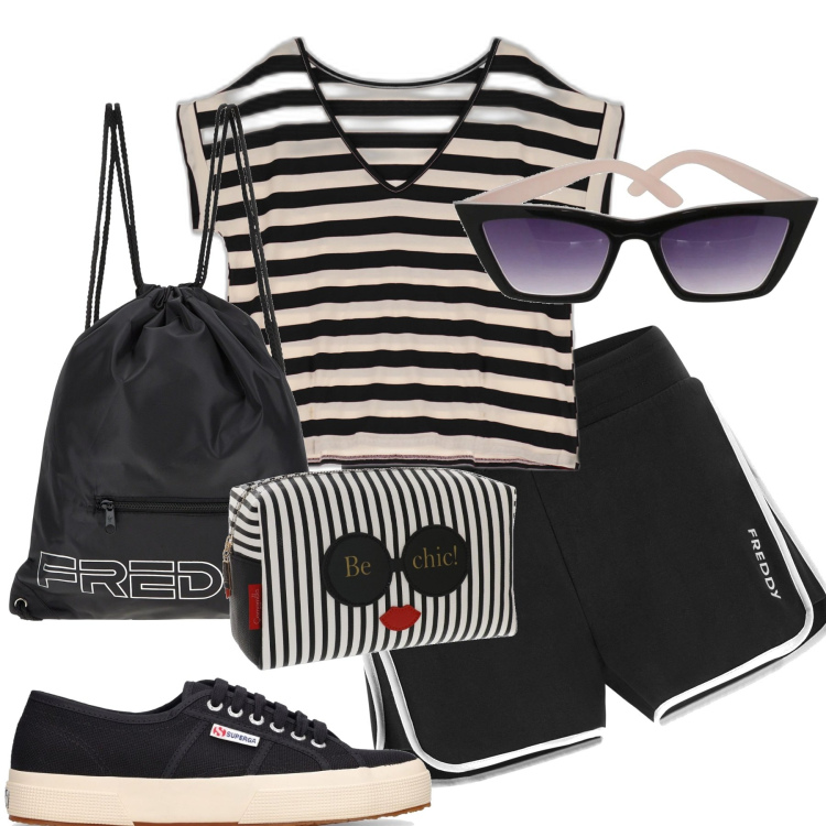 Outfit donna - Per le escursioni. Stile Casual per Mare. Abbinamento con zaini, shorts, t-shirt, sneakers, borse tote, occhiali da sole.