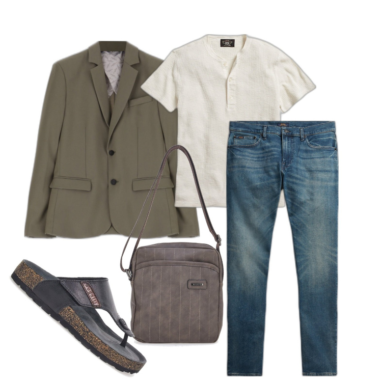 Outfit uomo - Ghost outfitter - agosto. Stile Trendy per Serata speciale. Abbinamento con giacche, t-shirt, jeans, sandali, portafogli.