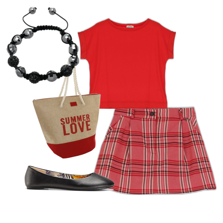 Outfit donna - Lo scozzese. Stile Casual per Tutti i giorni. look ideale per Tall. Abbinamento con ballerine, minigonne, t-shirt, braccialetti, borse a secchiello.