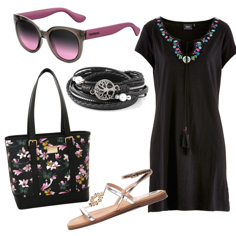 Outfit donna - Graziosa. Stile Casual per Tutti i giorni. Abbinamento con vestiti, braccialetti, sandali, shopping bag, occhiali da sole.