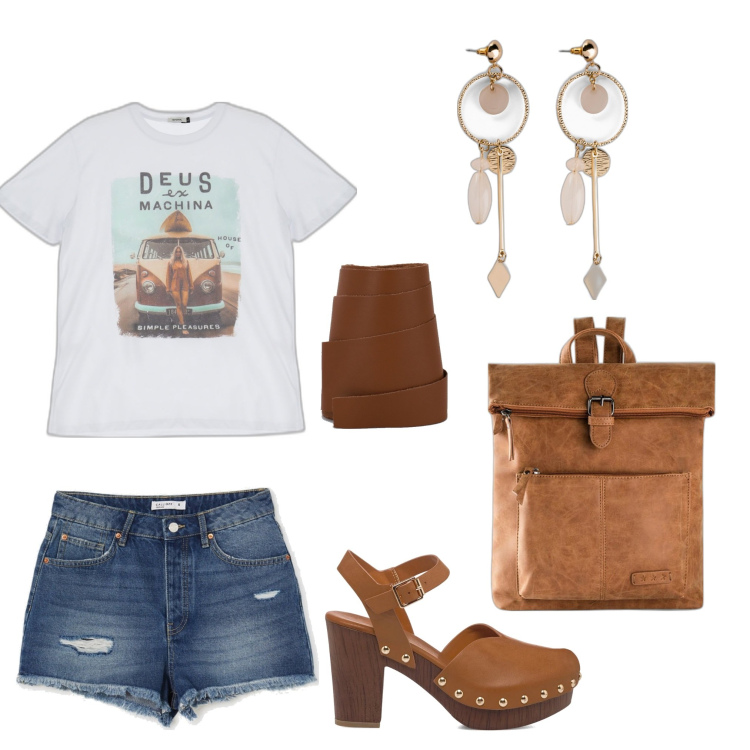 Outfit donna - Total look #1684767. Stile Casual per Tutti i giorni. Abbinamento con zaini, orecchini, cinture, t-shirt, shorts, zoccoli.