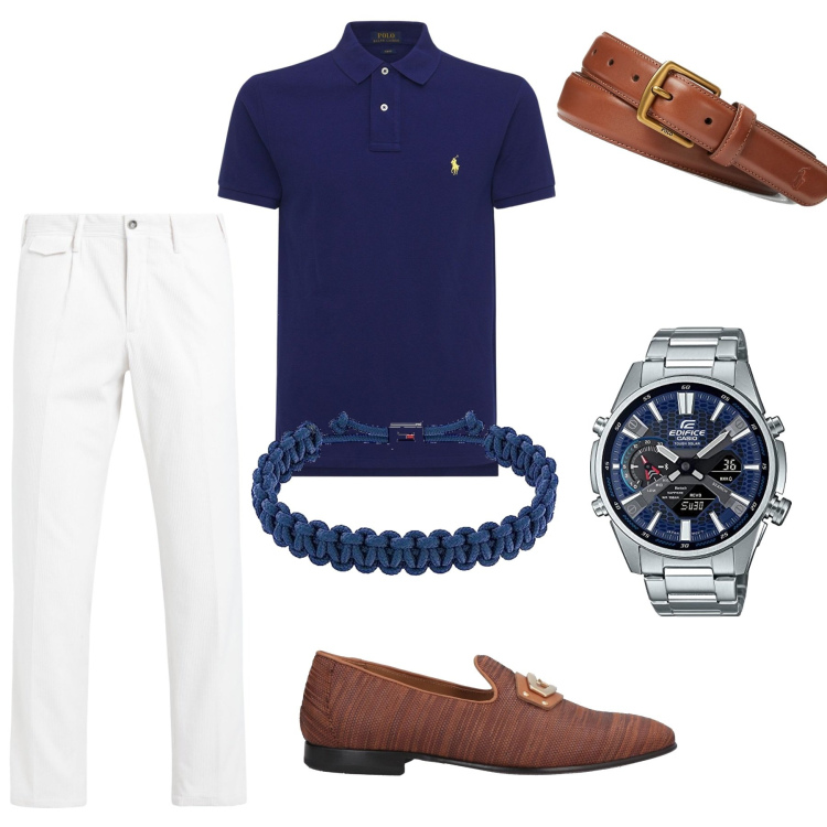 Outfit uomo - Eleganza informale. Stile Business/Elegante per Ufficio. Abbinamento con scarpe stringate, pantaloni, cinture, braccialetti, polo, orologi.