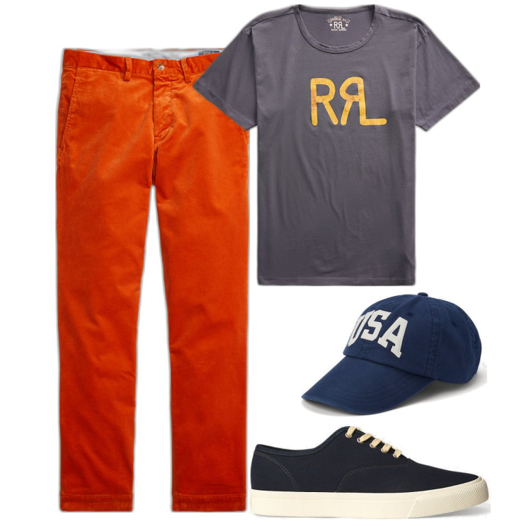 Outfit uomo - I pant arancio. Stile Trendy per Tutti i giorni. Abbinamento con t-shirt, sneakers, cappelli con visiera, pantaloni.