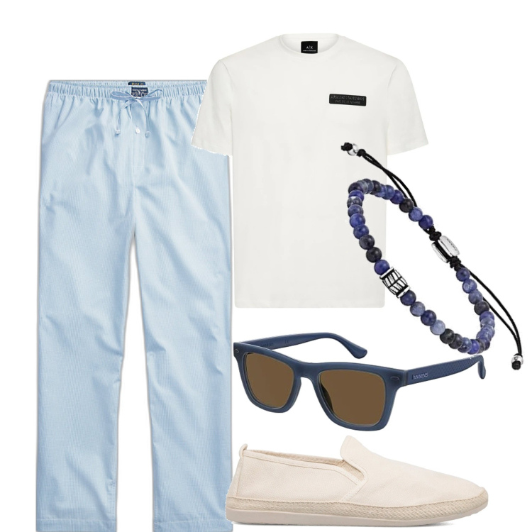 Outfit uomo - Casual chic. Stile Casual per Tutti i giorni. Abbinamento con espadrillas, pantaloni, occhiali da sole, braccialetti, t-shirt.