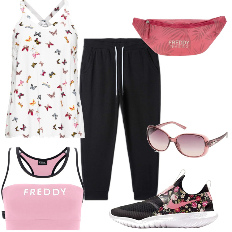 Outfit donna - Sportiva. Stile Sporty chic per Tutti i giorni. Abbinamento con top, pantaloni, marsupi, reggiseni, occhiali da sole, scarpe sportive.