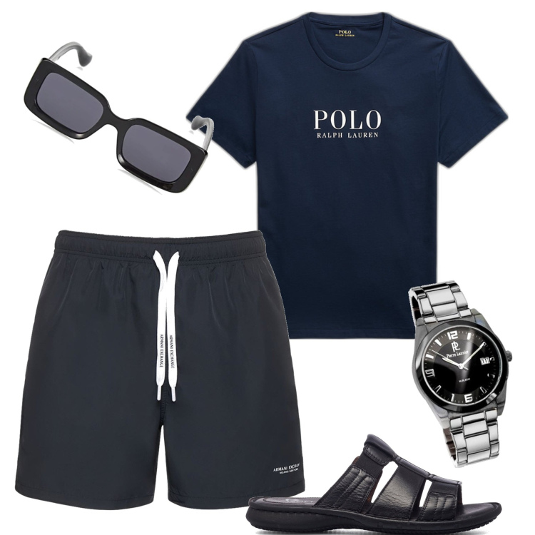 Outfit uomo - Relax. Stile Casual per Tutti i giorni. Abbinamento con t-shirt, sandali, shorts, orologi, occhiali da sole.