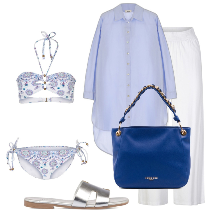 Outfit donna - Una giornata alle Tremiti. Stile Glamour per Mare. Abbinamento con pantaloni, bikini, vestiti asimmetrici, borse a spalla, ciabatte.