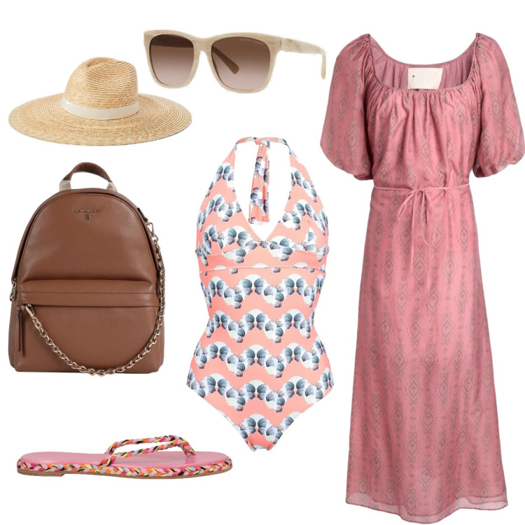 Outfit donna - Ed ora in spiaggia. Stile Casual chic per Mare. Abbinamento con infradito, vestiti da spiaggia, costumi interi, zaini, cappelli, occhiali da sole.