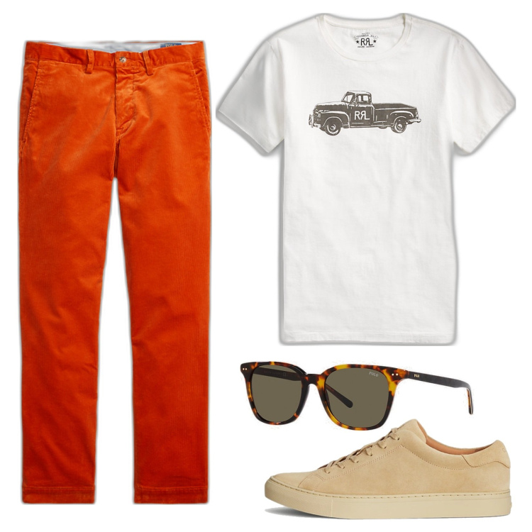 Outfit uomo - Ralph Lauren. Stile Trendy per Tutti i giorni. Abbinamento con t-shirt, occhiali da sole, pantaloni, sneakers.