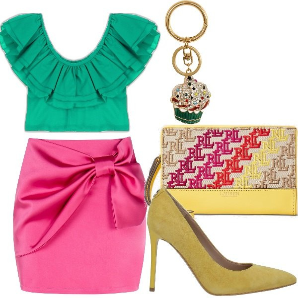 Outfit donna - La gonna con il fiocco. Stile Glamour per Tutti i giorni. Abbinamento con décolleté, minigonne, top, pochette, portachiavi.