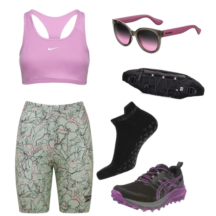 Outfit donna - Allenamento in bici. Stile Sporty chic per Sport. Abbinamento con calzini, shorts, marsupi, top, occhiali da sole, scarpe sportive.