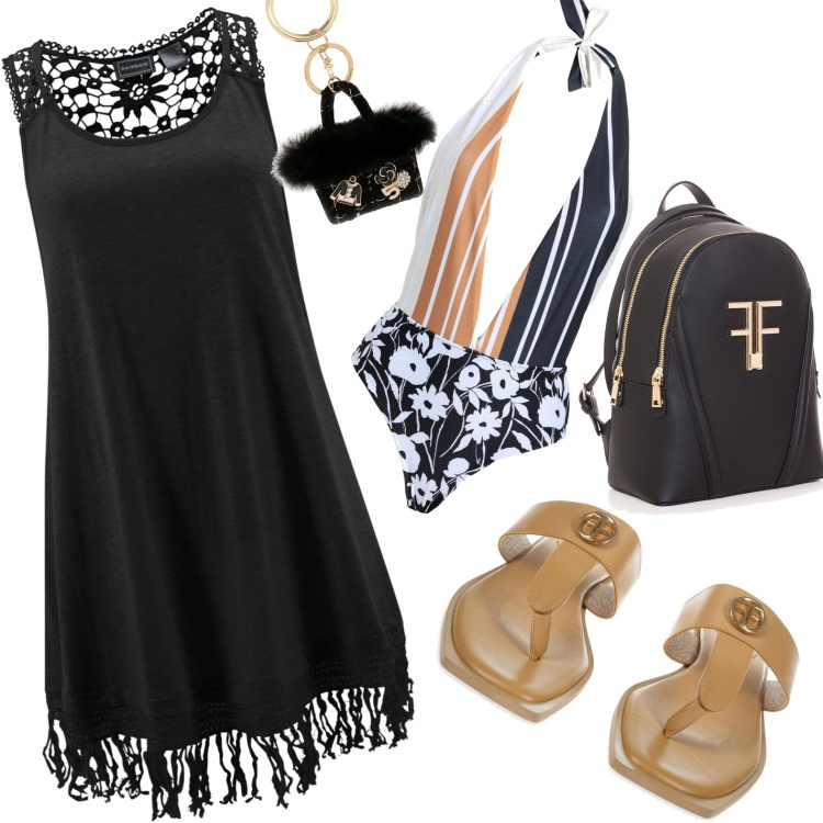 Outfit donna - Al mare. Stile Casual per Mare. Abbinamento con vestiti da spiaggia, costumi interi, zaini, infradito, portachiavi.