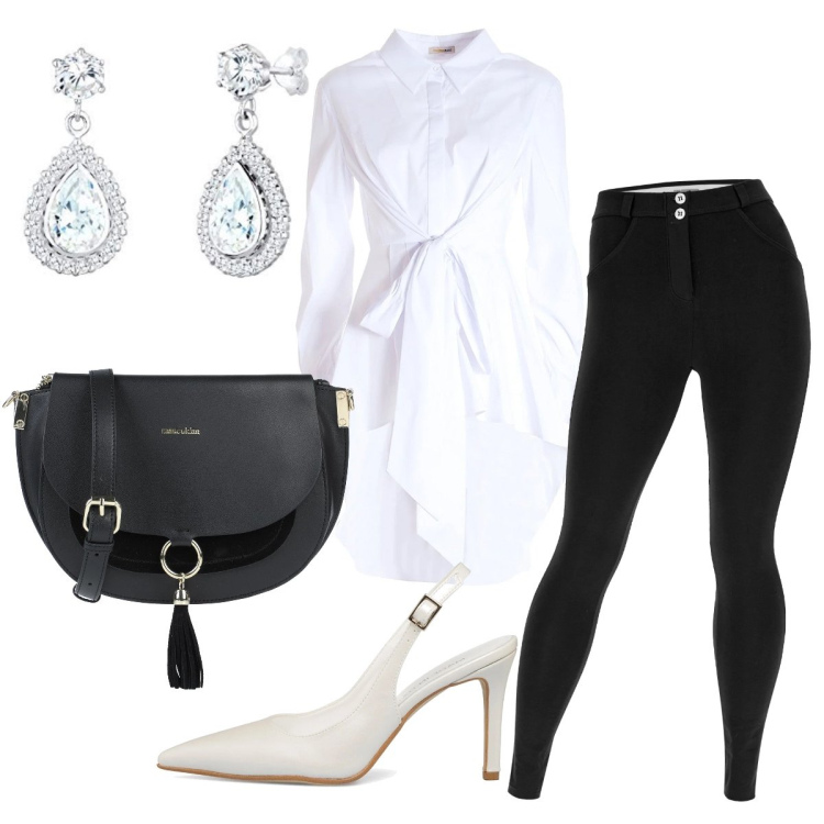 Outfit donna - Camicia lunga. Stile Casual per Serata fuori. Abbinamento con borse a tracolla, camicie, pantaloni skinny, décolleté, orecchini.