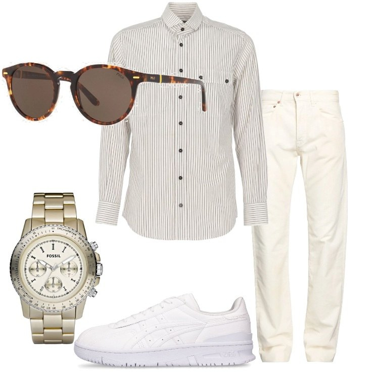 Outfit uomo - Colori chiari. Stile Casual per Serata speciale. Abbinamento con pantaloni, camicie, occhiali da sole, orologi, sneakers.