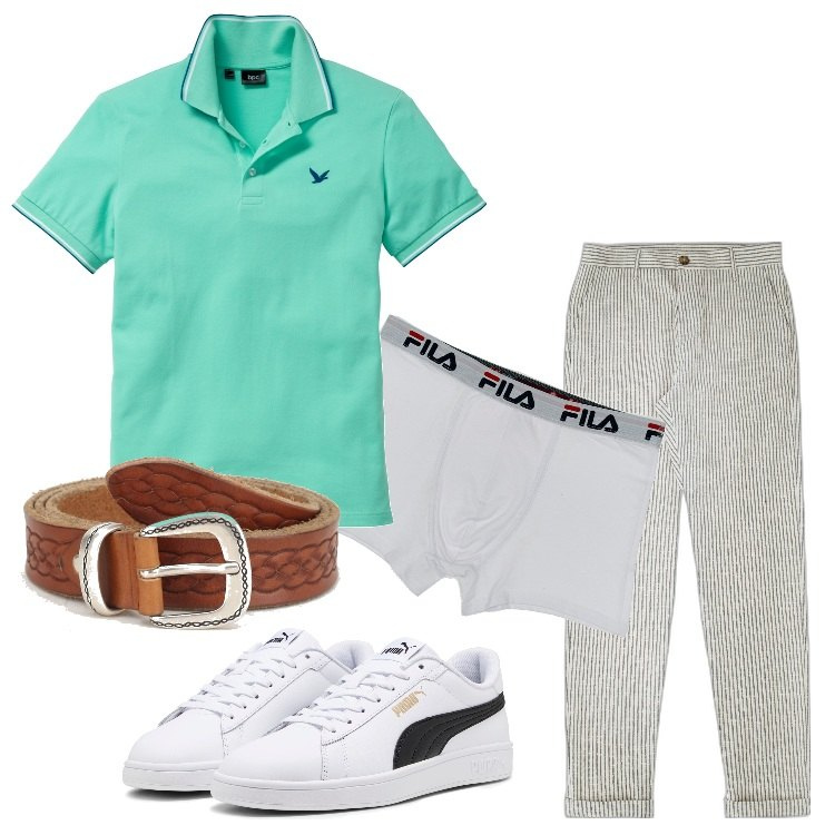 Outfit uomo - La polo verde chiaro. Stile Casual per Tutti i giorni. Abbinamento con polo, pantaloni, cinture, sneakers, boxer.