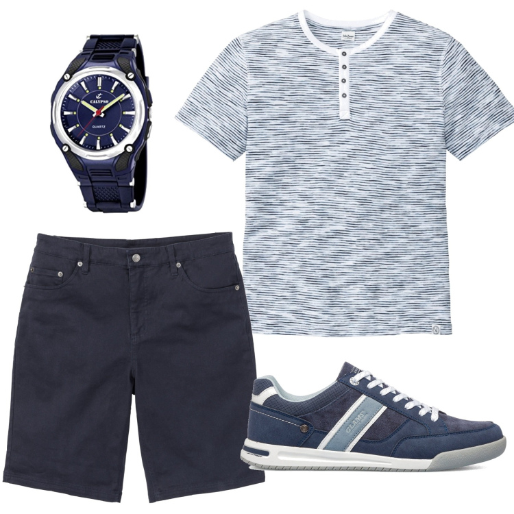 Outfit uomo - Serata calda sul lungomare. Stile Casual per Tutti i giorni. Abbinamento con maglieria, bermuda, sneakers, orologi.