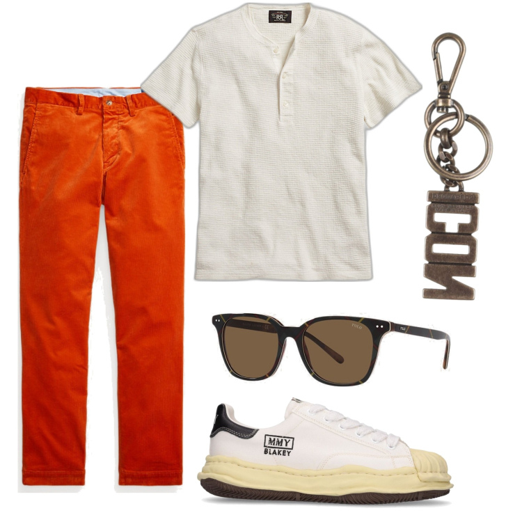 Outfit uomo - Orange. Stile Urban per Tutti i giorni. Abbinamento con portachiavi, t-shirt, occhiali da sole, pantaloni, sneakers.
