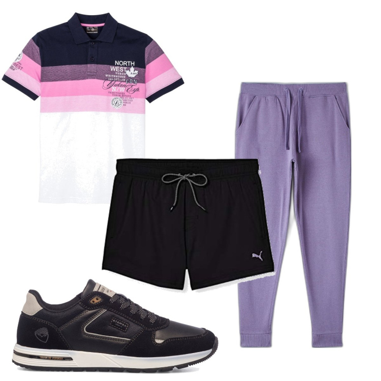 Outfit uomo - Total look #1685330. Stile Trendy per Mare. Abbinamento con polo, pantaloni, sneakers, costumi.