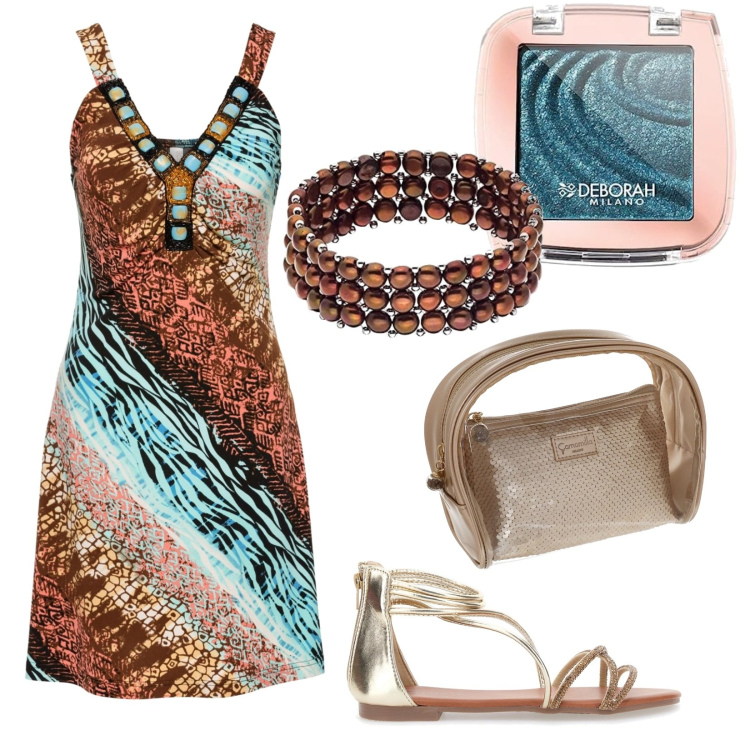 Outfit donna - Turchese fantasia. Stile Casual per Tutti i giorni. Abbinamento con vestiti, valigie, sandali, ombretti, braccialetti.