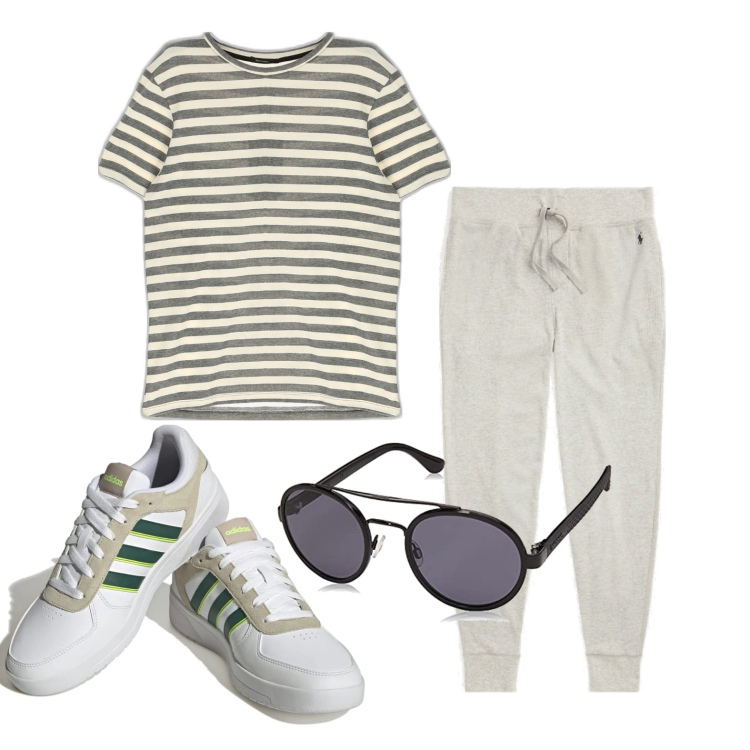 Outfit uomo - Ghost outfitter - agosto. Stile Casual per Tutti i giorni. Abbinamento con t-shirt, pantaloni, sneakers, occhiali da sole.