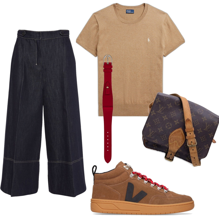 Outfit donna - Jeans cropped. Stile Mannish per Tutti i giorni. Abbinamento con borse a tracolla, orologi, maglieria, pantaloni capri, sneakers.