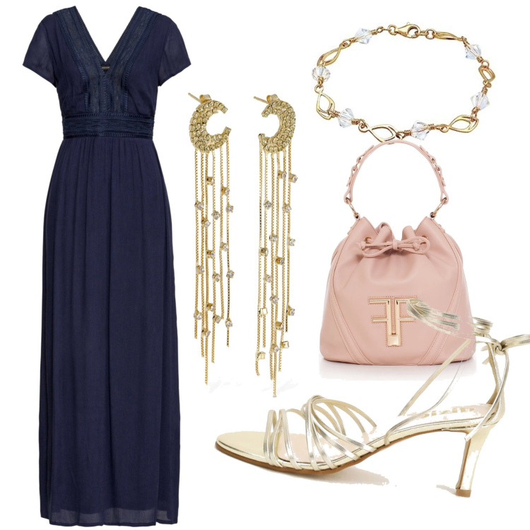 Outfit donna - L’abito blu. Stile Chic per Serata fuori. Abbinamento con vestiti lunghi, borse a secchiello, sandali col tacco, orecchini, braccialetti.