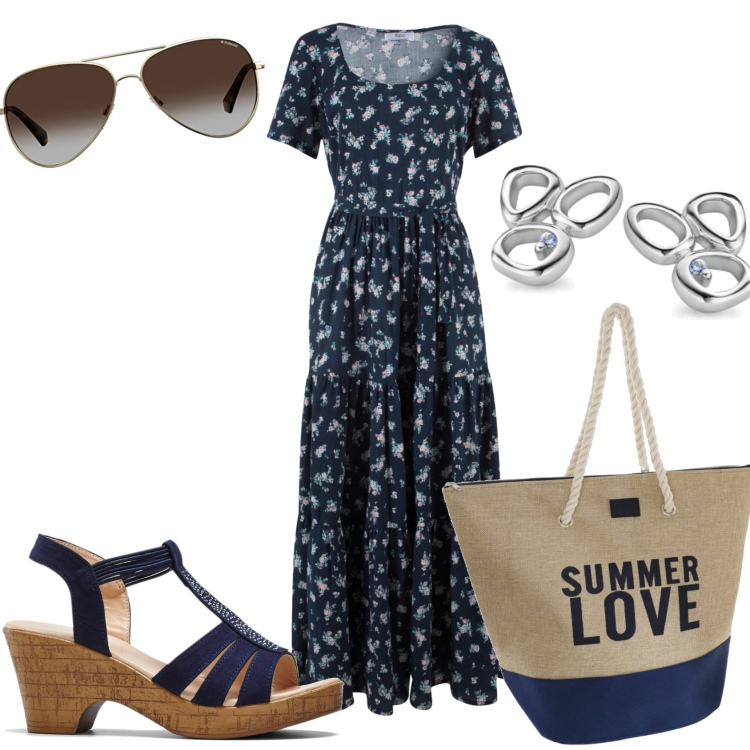 Outfit donna - Vestito lungo fiorato. Stile Casual chic per Tutti i giorni. Abbinamento con vestiti lunghi, sandali, orecchini, occhiali da sole, borse a secchiello.