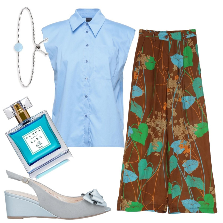 Outfit donna - I pantaloni palazzo. Stile Casual per Ufficio. Abbinamento con sandali in pelle, camicie, pantaloni a palazzo, profumi, braccialetti.