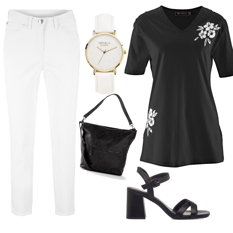 Outfit donna - Fiori bianchi su sfondo nero. Stile Casual chic per Ufficio. Abbinamento con borse a tracolla, maglieria, pantaloni capri, sandali in pelle, orologi analogici.