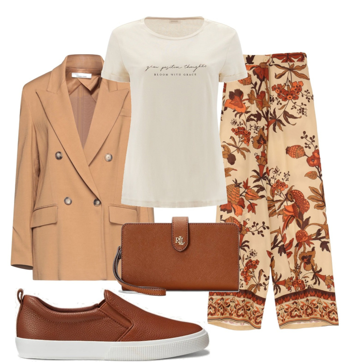 Outfit donna - Travelling. Stile Casual chic per Tutti i giorni. Abbinamento con blazer, pantaloni a palazzo, t-shirt, pochette, sneakers.