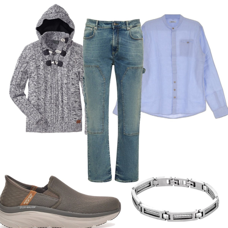 Outfit uomo - Total look #1685482. Stile Trendy per Tutti i giorni. Abbinamento con maglieria, camicie, jeans, braccialetti, sneakers.
