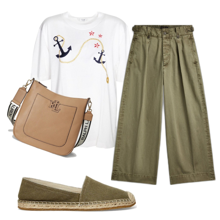 Outfit donna - Journey. Stile Military per Tutti i giorni. Abbinamento con t-shirt, pantaloni, borse a tracolla, espadrillas.