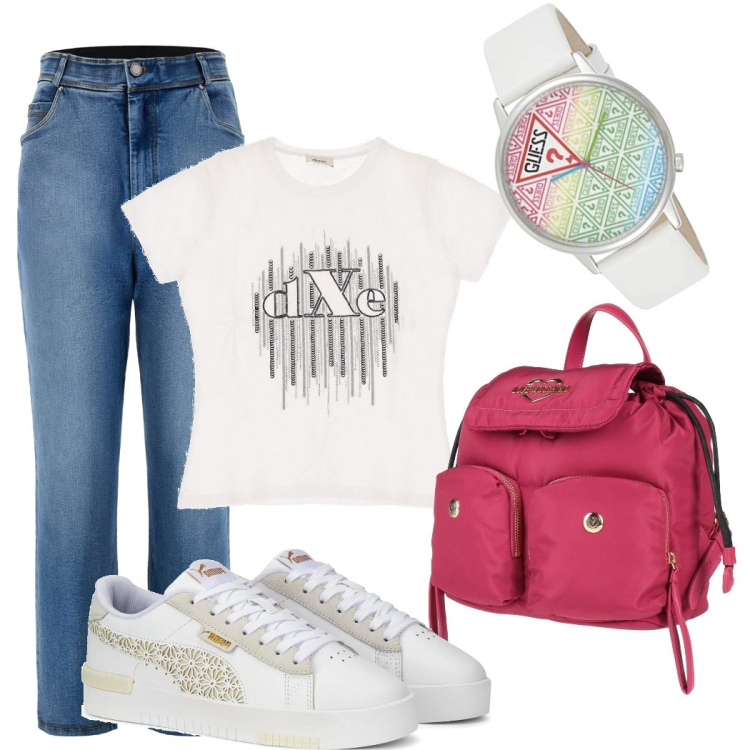 Outfit donna - L\'ora esatta. Stile Trendy per Scuola/Università. Abbinamento con zaini, jeans, t-shirt, sneakers, orologi analogici.