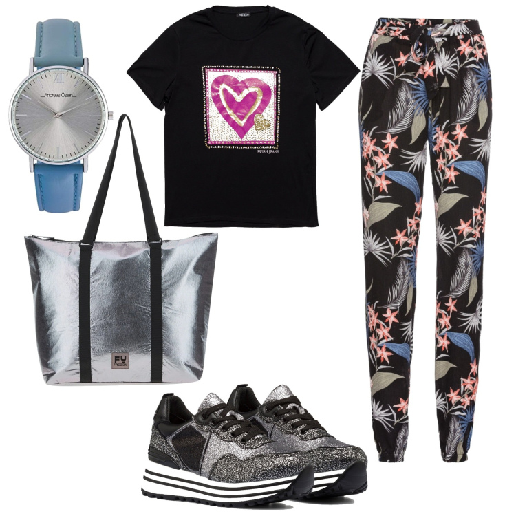 Outfit donna - Sporty in nero e a colori. Stile Sporty chic per Sport. Abbinamento con pantaloni, borse tote, sneakers, t-shirt, orologi.