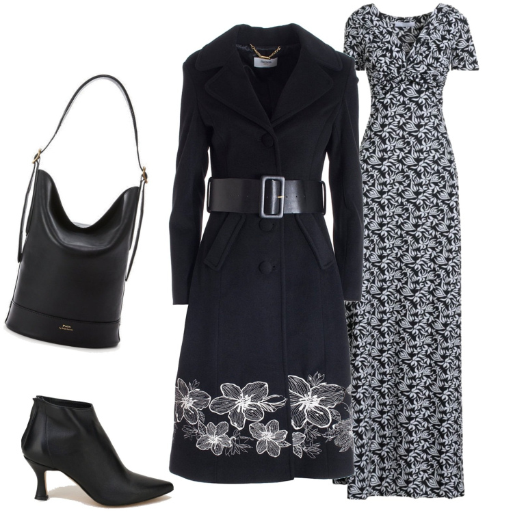 Outfit donna - Al cinema. Stile Casual chic per Tutti i giorni. Abbinamento con vestiti lunghi, cappotti, stivaletti, borse a secchiello.