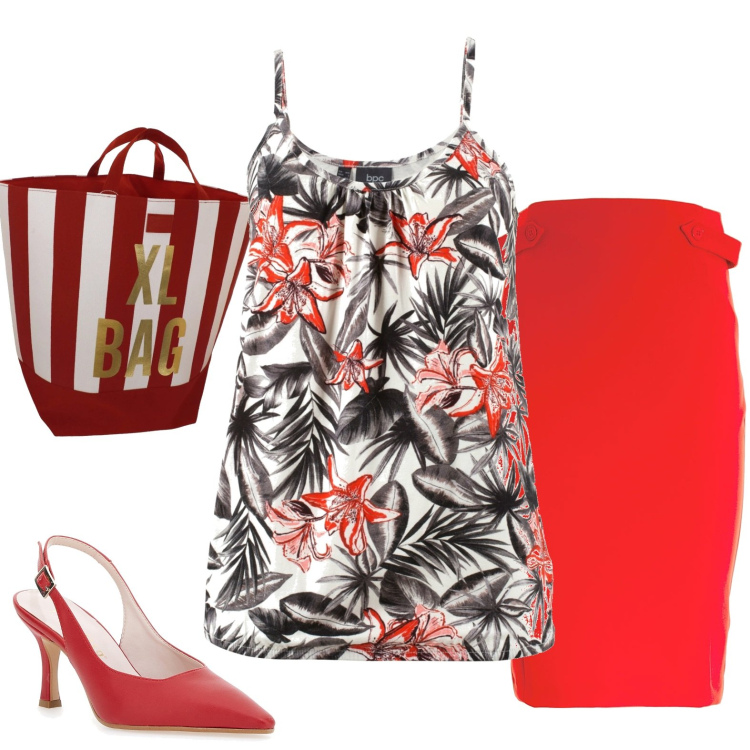 Outfit donna - La gonna rossa. Stile Chic per Serata fuori. Abbinamento con top, gonne, décolleté, borse a secchiello.