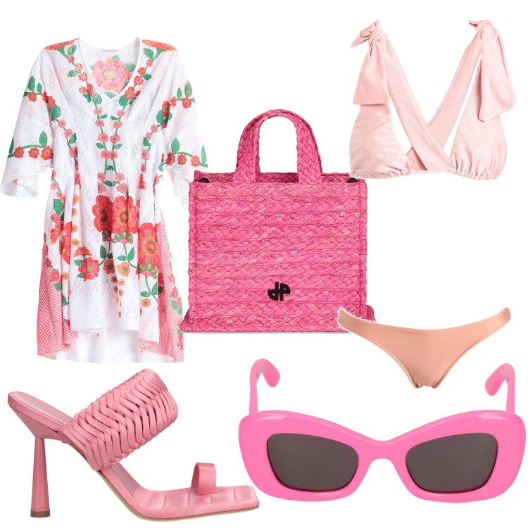 Outfit donna - Pink lady on the beach. Stile Glamour per Mare. Abbinamento con infradito, vestiti da spiaggia, bikini, shopping bag, occhiali da sole.