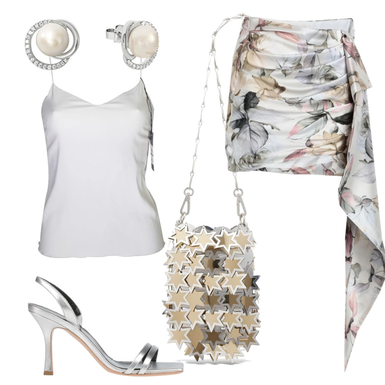 Outfit donna - Estate sof la sera. Stile Casual chic per Serata fuori. Abbinamento con top, minigonne, sandali in pelle, borse a spalla, orecchini.
