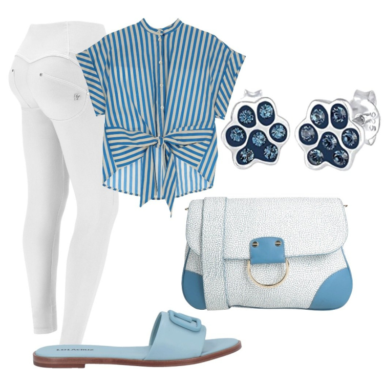 Outfit donna - Pomeriggio. Stile Casual per Tutti i giorni. Abbinamento con sandali in pelle, borse a tracolla, pantaloni skinny, camicie a manica corta, orecchini.